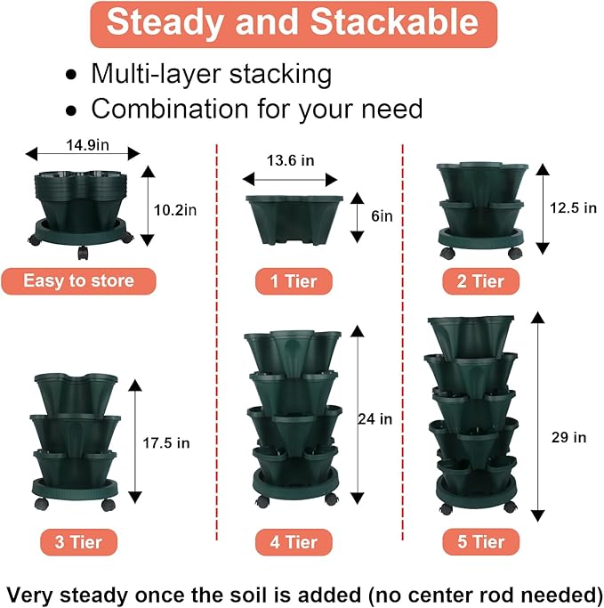 GameXcel Vertical Planter 5 Tier Stackable Planters Garden Planters Strawberry Herb Flower and Vegetable Planter Indoor Outdoor Gardening Pots with Removable Wheels and Tools 2-Pack GameXcel