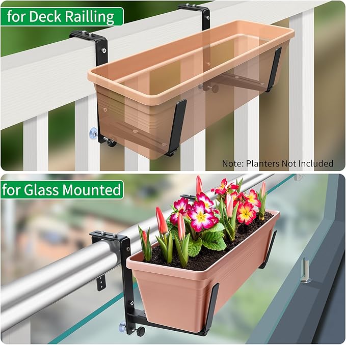 Window Box Brackets, Adjustable Planter Box Brackets, Heavy Duty Iron Flower Box Brackets for Railings, with Enhanced Bottom Support - Perfect for Balconies, Fences, and Gardens (Black, 2 Pack) VOXOR