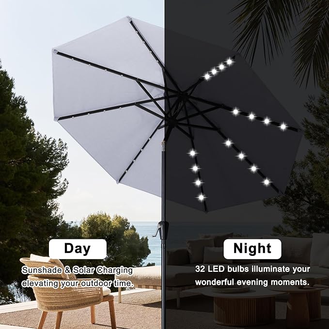 ABCCANOPY Durable Solar Led Patio Umbrellas with 32LED Lights 9FT (Light Gray) ABCCANOPY