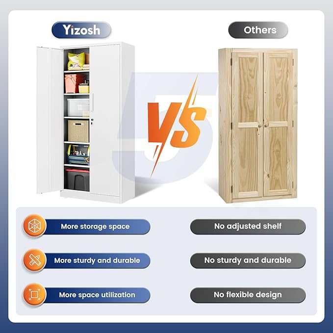 Yizosh Metal Garage Storage Cabinet with 2 Doors and 5 Adjustable Shelves - 71" Steel Lockable File Cabinet,Locking Tool Cabinets for Office,Home,Garage,Gym,School (White) Yizosh