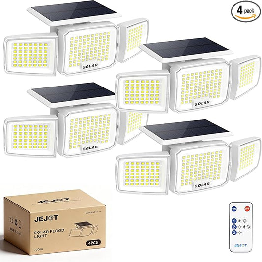 White Solar Security Light Outdoor Super Bright LED, Motion Sensor Solar Flood Light, 3 Heads 270° Wide Angle, Remote Control,IP65 Waterproof, 3 Modes (4 Packs) JEJOT