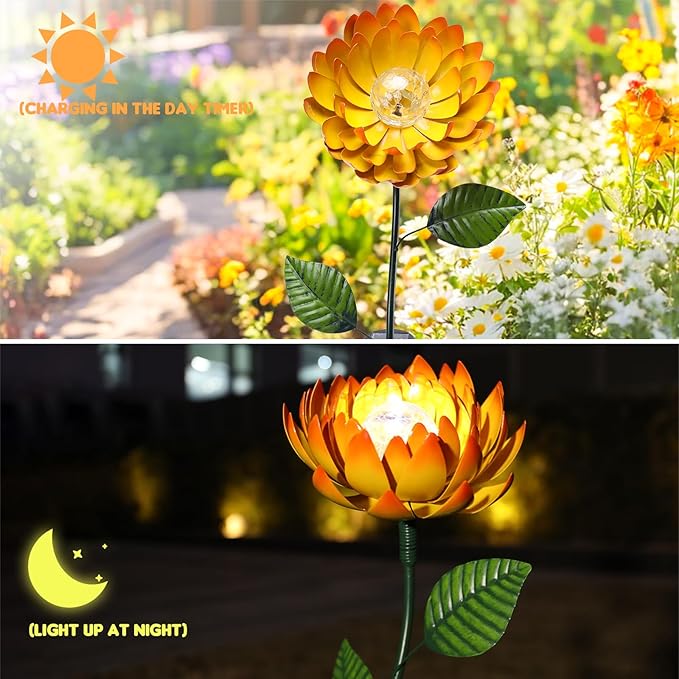 VCUTEKA Solar Garden Lights Metal Flower Decor Colorful Yellow Flowers Solar Pathway Light with LED Cracked Crystal Ball Outdoor Decorative Stake for Patio Yard Lawn VCUTEKA
