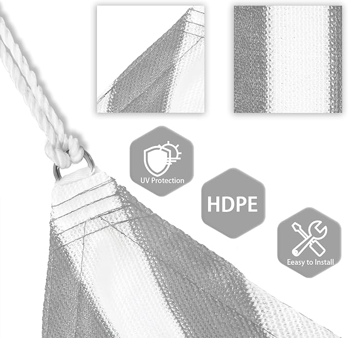 Patio Paradise 11' x 11' x 11' Sun Shade Sail Triangle Canopy Shade Cloth Fabric Sunlight Block Patio Pergola Cover HDPE Deck Awning for Outdoor Backyard Roof Shading, Gray White Strip Patio