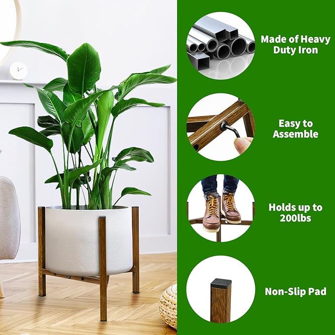 Airpark Adjustable Plant Stand Indoor, Metal Mid Century Modern Plants Stands, Stable Plant Holder Indoor Outdoor Corner, Fit 8 9 10 11 12 inch Pots,Brown Wood-Grain (Pot & Plant Not Included) Airpark