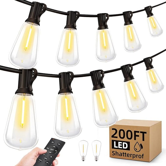 Outdoor String Led Patio Lights - 200Ft 60M Outside Waterproof Light with Remote Dimmable ST38 Shatterproof Bulb Hanging Outdoor Electric Lighting for Backyard Yard Gazebo Porch Party MGVIH