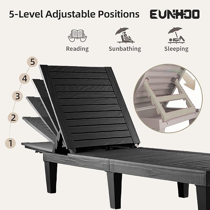 Chaise Lounge Outdoor Set of 4,Adjustable Pool Lounge Chair with 5 Positions Backrest, Waterproof Sun Loungers for Garden Pool Beach Patio Deck Sunbathing.Black EUNHOO