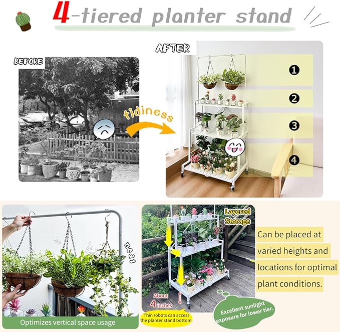 lumizone Foldable 4-Tier Plant Stand Indoor Outdoor Hanging Plant Shelf No Assembly Required Pot Placement Area With Wheels Sturdy Fall Prevention Storage Shelf Flower Pot Stand(4 Tier-White) Lumizone