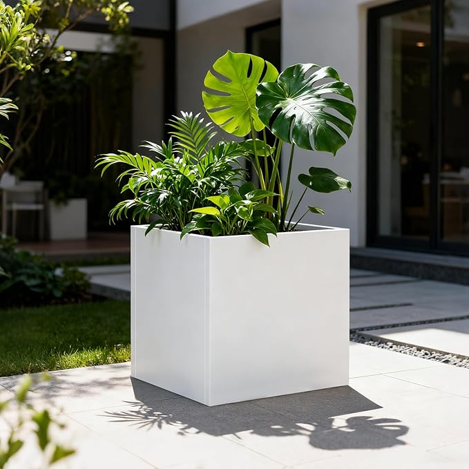 White Steel Planter Square Outdoor Planters Galvanized Steel Planter Box Indoor 32 Inch Metal Large Planters Cube Heavy Duty Flower Pot Modern Commercial Residential for Trees Patio Yard Garden GZGNEEVL