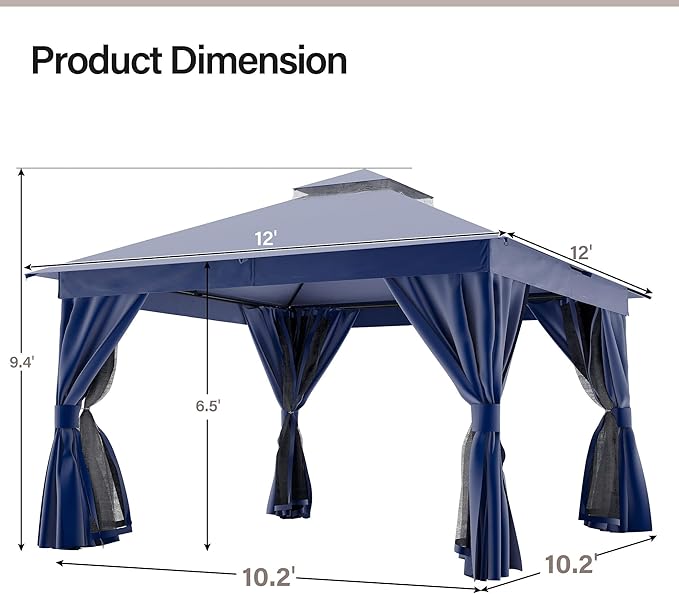 LAUSAINT HOME Semi-Permanent Outdoor Patio Gazebo 12'x12', Heavy Duty Party Tent Shelter with Double Roofs, Mosquito Nettings and Privacy Screens for Backyard, Garden, Lawn, Navy Blue LAUSAINTHOME