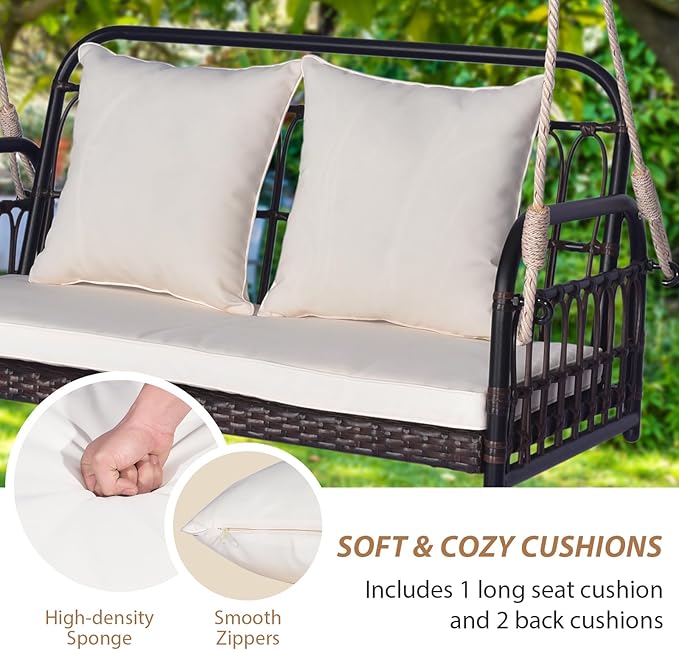 Tangkula Outdoor Wicker Porch Swing, 2-Person Hanging Seat with Seat & Back Cushions, Heavy-Duty Metal Frame & 2 Sturdy Hanging Ropes, Wicker Woven Swing Loveseat for Front Porch, Backyard (Off White) TANGKULA