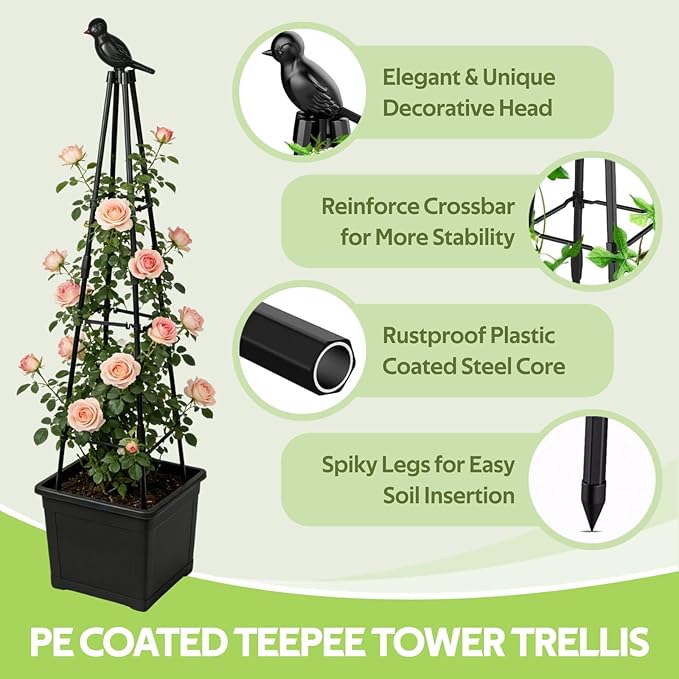 2 Pack Garden Trellis for Climbing Plants Outdoor - Rustproof Plastic Coated Steel Core Tower Obelisk Trellis - Metal Teepee Trellis Vertical Plant Support for Vines Vegetables Flowers Indoor Rootora