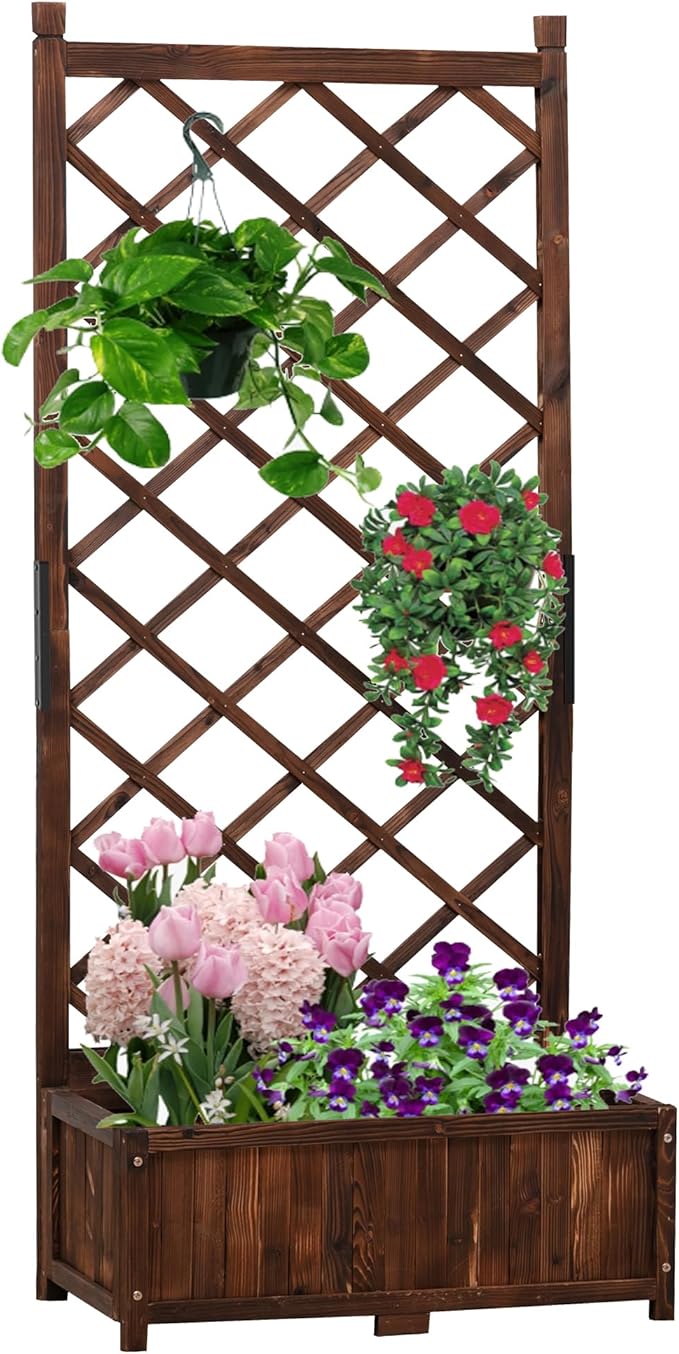 Anraja Raised Garden Bed with Trellis Wooden Planter Box Outdoor Wood Privacy Screen for Climbing Plant Planting Flower Patio Tomato Vegetable Herb Balcony Porch 29.5" L x 17.0" W x 67.0" H Anraja