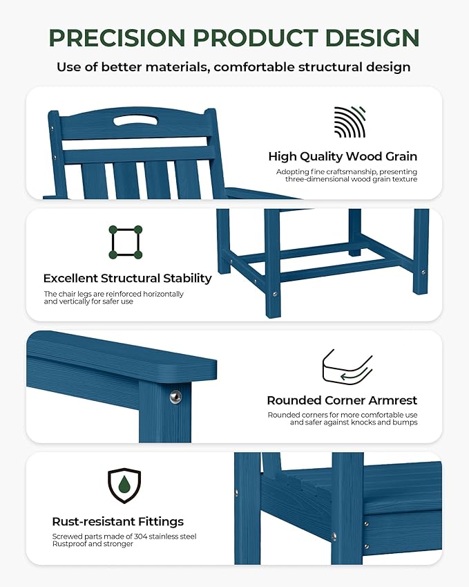 Set of 2 Weatherproof Patio Chairs - HDPE Outdoor Dining Chairs with Wide Seat, Ergonomic Design - for Garden, Backyard, Deck - Navy Blue Suunyn