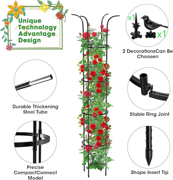 Tower Obelisk Garden Trellis for Climbing Plant，6.3FT/75.6" Rustproof Metal Potted Plant Climbing Support for Indoor Outdoor Flowers Vegetable Fruits Vines Support (2PCS) MQUPIN