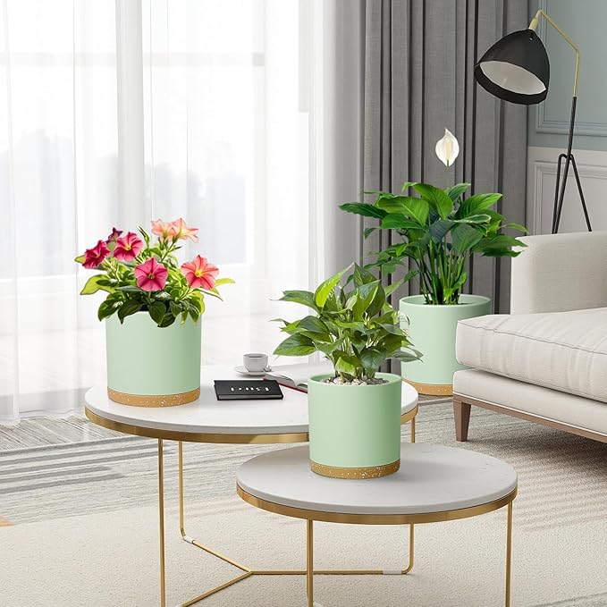 8/7/6 inch Plant Pots, 3 Pack Cylinder Flower Pots for Outdoor Indoor Plants, Decorative Plastic Planters with Drainage Holes and Saucers for Garden House Plants, Green with Brown Meowell