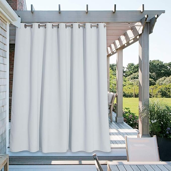 NICETOWN Patio Outdoor Curtain Waterproof Extra Wide and Long, Rustproof Grommet W100 x L108 Room Darkening Outdoor Living Divider Privacy Thermal Insulated Blinds for Pool, Greyish White, 1 Piece NICETOWN