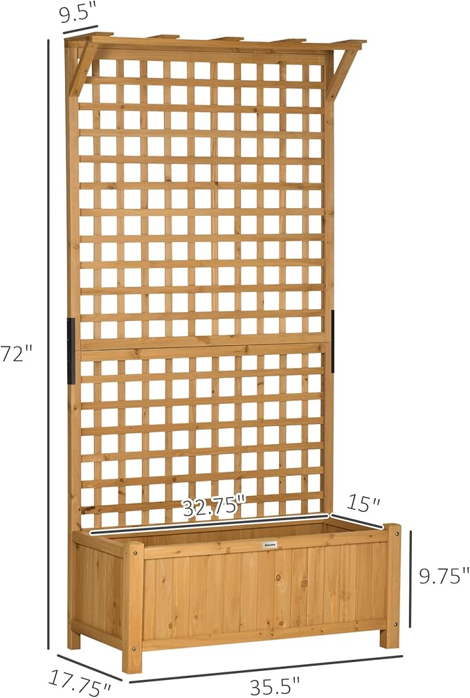 Outsunny Wood Planter with Trellis, Raised Garden Bed for Climbing Plants with Drainage Holes and Roof, 35.5 x 17.75 x 72 Inch, Pack of 2, Yellow Outsunny