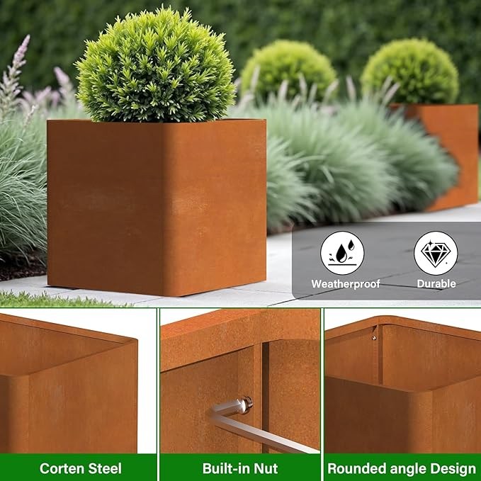 Corten Steel Planter Box 26" L x 26" W x 26" H,Large Metal Square Planter for Outdoor Plants,Metal Cube Flower Pot with Drainage Hole for Porch Hotel Patio Yard Gardenaire