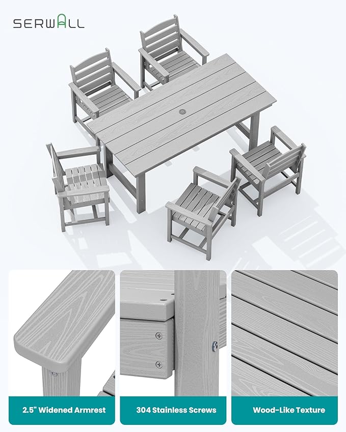 SERWALL 67" Outdoor Dining Table - HDPE All-Weather Rectangular Patio Table with Umbrella Hole, Light Gray SERWALL
