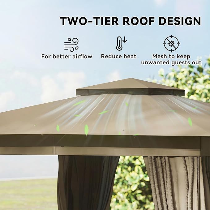 Outsunny 10' x 12' Outdoor Patio Gazebo, Heavy Duty Gazebo Canopy Shelter with Double Roof, Curtains, Netting, Steel Frame, UPF30+ Protection, Ceiling Hooks for Lawn, Backyard, Deck, Khaki Outsunny