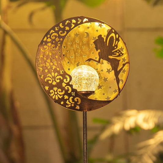 Tryme Solar Fairy Garden Lights - Moon Star Glass Globe Pathway Stake, Waterproof Outdoor Decorative Lights for Patio, Yard, Lawn Tryme