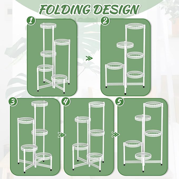 iDavosic.ly Plant Stand Indoor Outdoor, 5 Tier Corner Metal Flower Display Holder Shelf, Easy Assembly Folding Tall Orchid Rack for Patio Balcony Porch Garden Living Room House, Wrought Iron - White iDavosicly