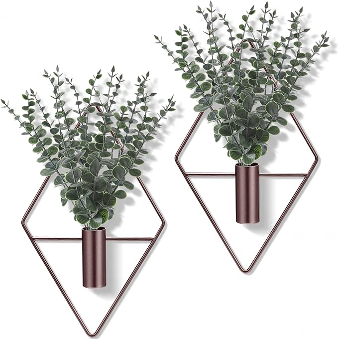 Jexine 8 Pcs Hanging Planters with Artificial Eucalyptus Metal Hanging Vase Indoor Plants Holder Modern Geometric Boho Bathroom Wall Decor for Living Room Home Office, Bronze Jexine