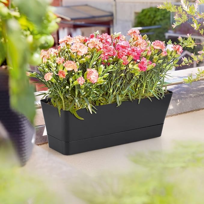 Window Box Planter with Tray, 12" Rectangle Plant Pot, Pack of 3 (Black) Sanbege