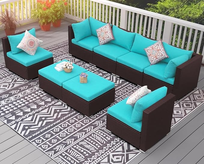 NICESOUL 8 Piece Outside Furniture Set, 29.3'' High Back Deep Seating Wicker Patio Modular Sectionals, Oversized Modern Comfy Conversation Sets for Backyard, Brown Rattan and Teal Cushion NICESOUL