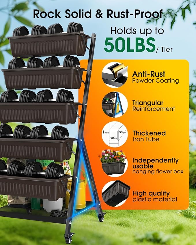 5-Tier Vertical Garden Bed Planter Boxes with Wheels, Drainage System & Storage Space, Mobile Vertical Garden Planter with 5 S-Hooks for Plants Vegetables Flowers Herbs in Garden Patio Yard Rootora