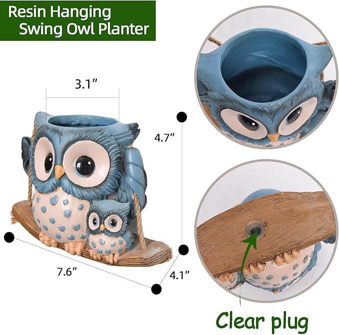 Swing Owl Hanging Planters for Indoor Plants, Cute Small Succulent Pots with Drainage Hole, Unique Resin Plant Hangers Outdoor, Hanging Plant Holder for String Of Pearls, Gift Ideas for Mother Saysmile