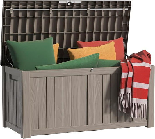EasyUp 150 Gallon Outdoor Storage Box, Resin Waterproof UV-Resistant Deck Box with Hydraulic Lid Support, Reinforced Stability for Patio, Garden, and Poolside, Gray EASYUP