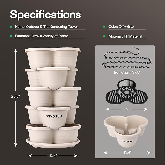 VIVOSUN 2-Pack 5 Tier Vertical Gardening Stackable Planter for Strawberries, Flowers, Herbs, Vegetables, Ivory VIVOSUN
