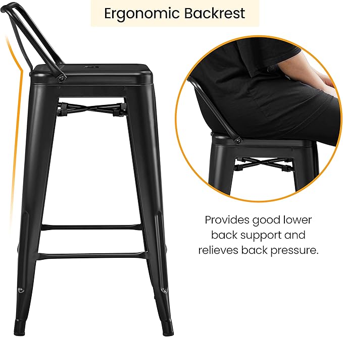 Yaheetech Bar Stools Set of 4, Metal Counter Height Chairs, 26 Inch Industrial Kitchen Stools with Backrest and Footrest for Indoor/Outdoor, Matte Black Yaheetech