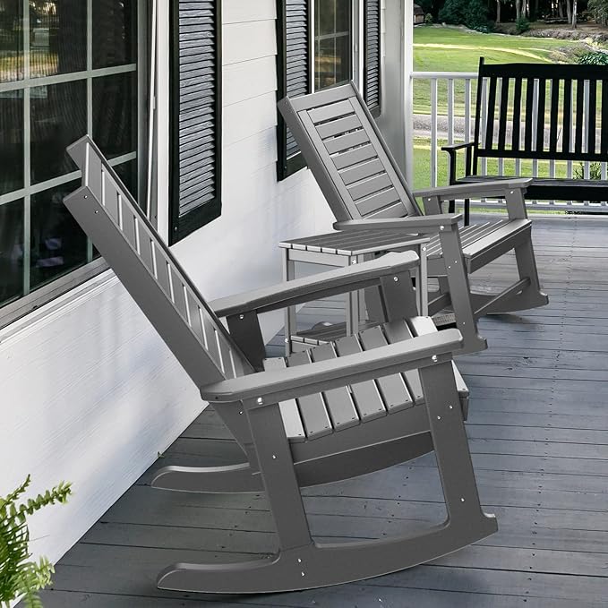 GREENVINES Outdoor Rocking Chair Set | 3-Piece | 2 Rocking Chairs with 1 Side Table | Porch Rocker | HDPE Plastic | Grey | Patio Furniture Sets | High Back | Big & Tall | Ladder Back GreenVines