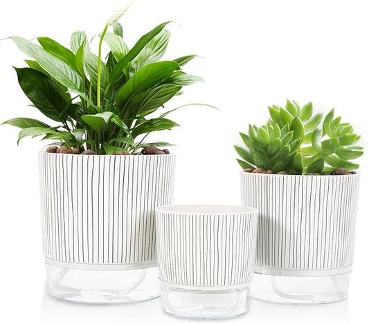 Self Watering Pots for Indoor Plants, 6 & 5 & 4 Inch Stylish Flower Pots, Set of 3 Modern Planters with Self-Watering Feature (Black Stripes) Etvski