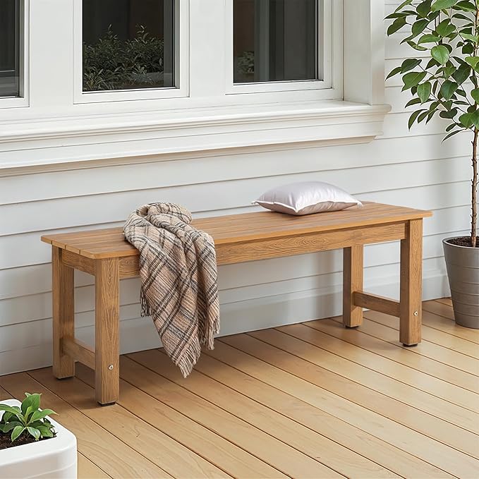 ONBRILL Outdoor Benches Weatherproof, 2-Person Poly Lumber Garden Bench, All-Weather Patio Bench Will not Rot and Fade for Garden, Porch, Backyard and Park, Easy Installation, Teak ONBRILL