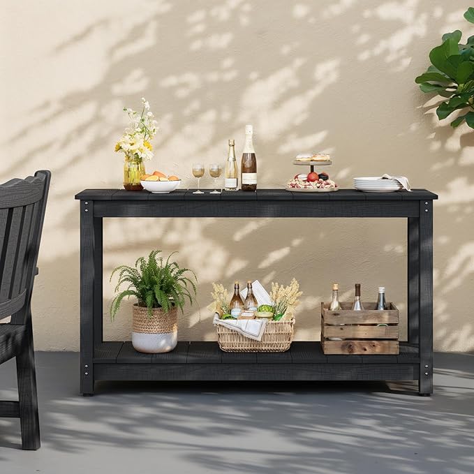 Stoog Outdoor Console Table, All-Weather 2-Tier Patio Console Table with Adjustable Feet, Low Maintenance, for Backyard, Garden, Entryway, and Deck, Black Stoog