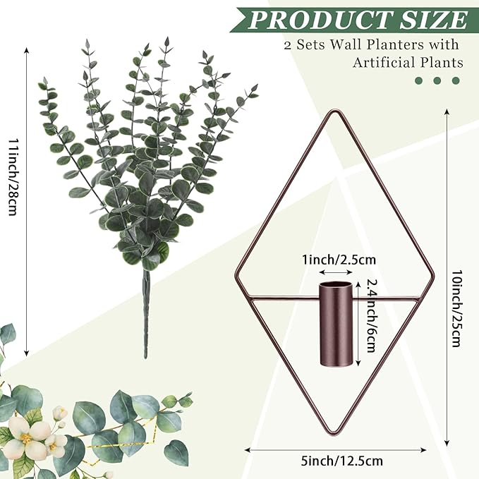 Jexine 8 Pcs Hanging Planters with Artificial Eucalyptus Metal Hanging Vase Indoor Plants Holder Modern Geometric Boho Bathroom Wall Decor for Living Room Home Office, Bronze Jexine
