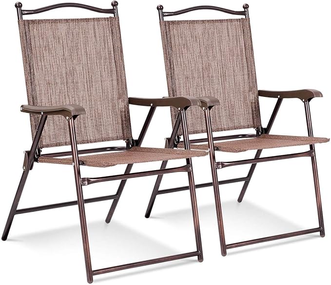 Giantex Set of 2 Patio Folding Chairs, Outdoor Patio Dining Chairs w/Armrest, Sling Back, Metal Frame, Outside Use for Lawn Camping Garden Pool Beach Yard Lounge, No Assembly, Brown Giantex