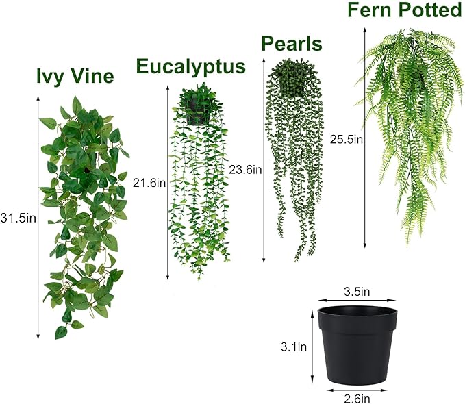 4 Pack Artificial Plants Wall Hanging Fake Plants Indoor for Shelf Boho Faux Eucalyptus Ivy Vine House Plants for Living Room Wall Backdrop Outdoor Decor LumBelle
