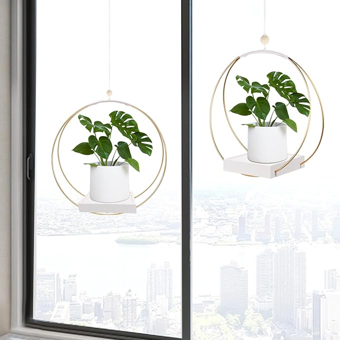 2 Pack Hanging Planter Holder for Indoor Plants, Plant Hanger with Sturdy Wood Base,Modern Boho Macrame Wall Ceiling Window Stands(Plants/Pots Not Included) hismocal