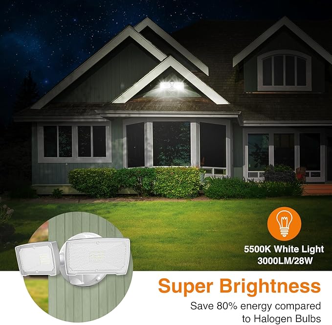 LEPOWER 28W 3000LM ‌LED Security Flood Light‌ ‌Outdoor‌, Switch Controlled Aluminum ‌Security Light‌, 2 Adjustable Heads, 5500K Daylight, IP65 Waterproof, Wet Location for Patio, Garden, Yard Lights LEPOWER