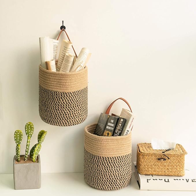 Goodpick 2pack Jute Rope Hanging Basket - 7.87" x 7" Small Woven Fern Wall Hanging Basket Flower Plants, Woven Storage, Black and Jute Goodpick
