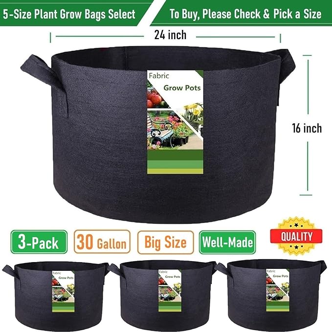 3-Pack 30 Gallon Thickened Plant Grow Bags Large (24x16 in) Heavy Duty Garden Bag Fabric Plant Pots for Tomato,Potato Planter,Flower Pots,Herbs Veggies Planting,Barrel Planter,Leaf Bag,Yard Waste Bags TespherCreationsforYardWorkLawnsCareandGardeningJobsOutdoorActivitiesRVCampingTrips