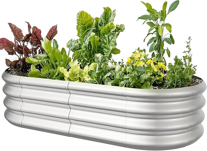 4x2x1ft Oval Galvanized Raised Garden Bed Outdoor 9-in-1 Large Metal Modular Planter Box Raised Beds for Gardening,Vegetables,Fruits,Flowers & Herbs (Silver) IDEAFAMILY