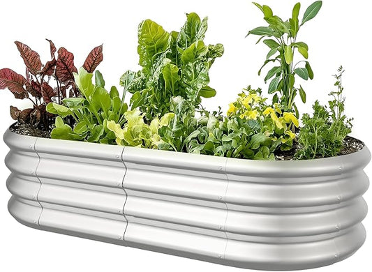 4x2x1ft Oval Galvanized Raised Garden Bed Outdoor 9-in-1 Large Metal Modular Planter Box Raised Beds for Gardening,Vegetables,Fruits,Flowers & Herbs (Silver) IDEAFAMILY