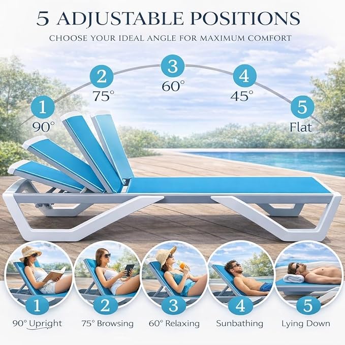Kozyard Outdoor Chaise Lounge Chair, Full Flat Adjustable Patio Lounger with Aluminum Frame & Resin Legs, Textilene Fabric for Poolside, Backyard & Beach (Aqua/WhiteFrame, 2Chairs + Table) Kozyard