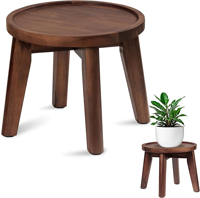 Demigo Indoor Plant Stand, Acacia Wooden Decorative Plant Shelf with Spill-Proof Tray, Stable 8” Tall Flower Holder for Heavy Pots, Gardening Display for Decor Living Room Patio - Dark Brown Demigo