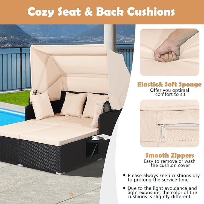 Tangkula Patio Rattan Daybed with Retractable Canopy, Outdoor Wicker Sunbed Lounger with 2 Foldable Side Tables, Thick Seat & Back Cushions, Outside Double Daybed for Garden, Backyard, Porch TANGKULA